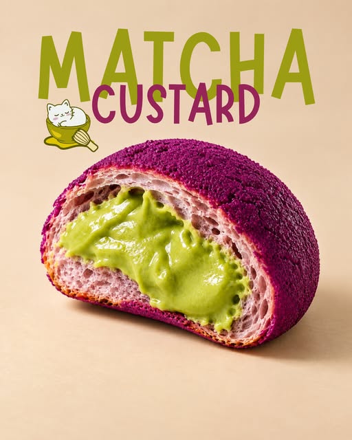 Roti taro ungu dengan isian matcha custard
