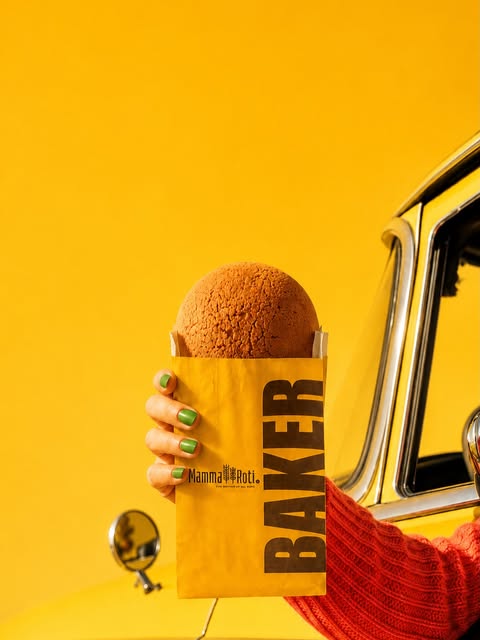 Coffee bun dalam kantong kuning BAKER di samping mobil